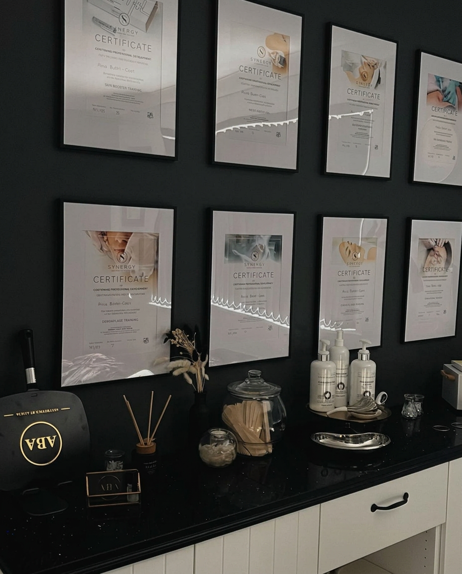 Alicia's professional aesthetics certificates displayed in the studio